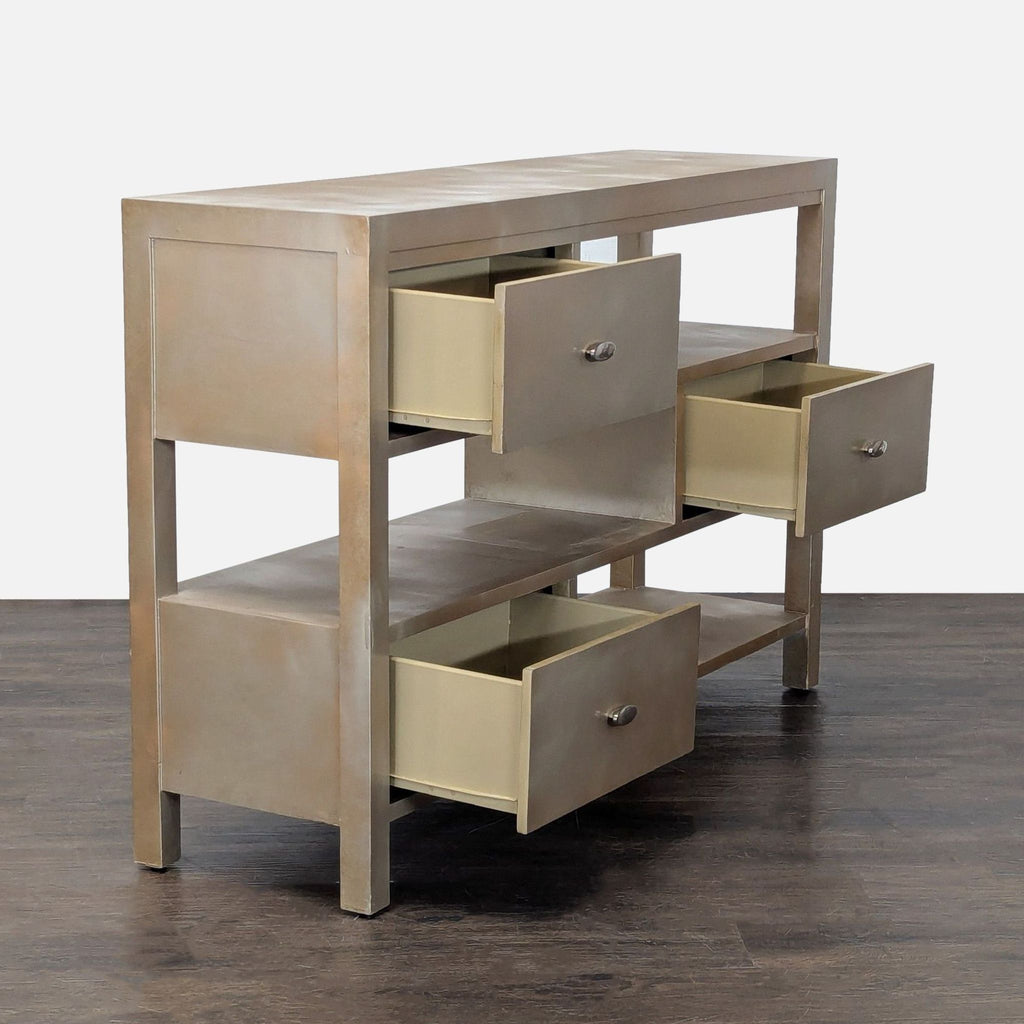 Modern entertainment console featuring spacious drawers and open shelving for electronics and decor.  