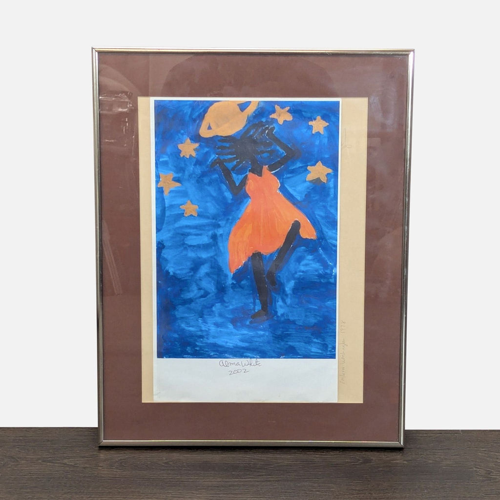 Alma White – Cosmic/Celestial Figure with Stars and Saturn, Signed & Dated 2002

Framed original painting on a deep cobalt blue background. Central subject is a silhouetted dark figure wearing a vivid orange/red flowing cape or garment. Gold 6-pointe