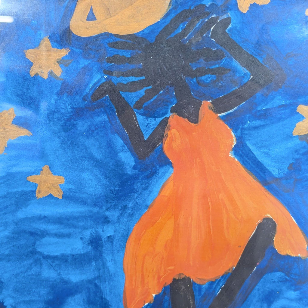 Alma White – Cosmic/Celestial Figure with Stars and Saturn, Signed & Dated 2002

Framed original painting on a deep cobalt blue background. Central subject is a silhouetted dark figure wearing a vivid orange/red flowing cape or garment. Gold 6-pointe