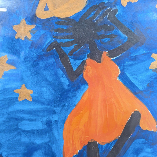 Alma White – Cosmic/Celestial Figure with Stars and Saturn, Signed & Dated 2002

Framed original painting on a deep cobalt blue background. Central subject is a silhouetted dark figure wearing a vivid orange/red flowing cape or garment. Gold 6-pointe