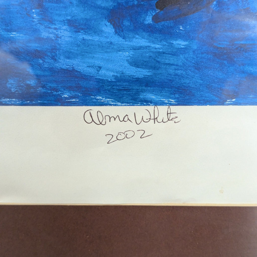 Alma White – Cosmic/Celestial Figure with Stars and Saturn, Signed & Dated 2002

Framed original painting on a deep cobalt blue background. Central subject is a silhouetted dark figure wearing a vivid orange/red flowing cape or garment. Gold 6-pointe