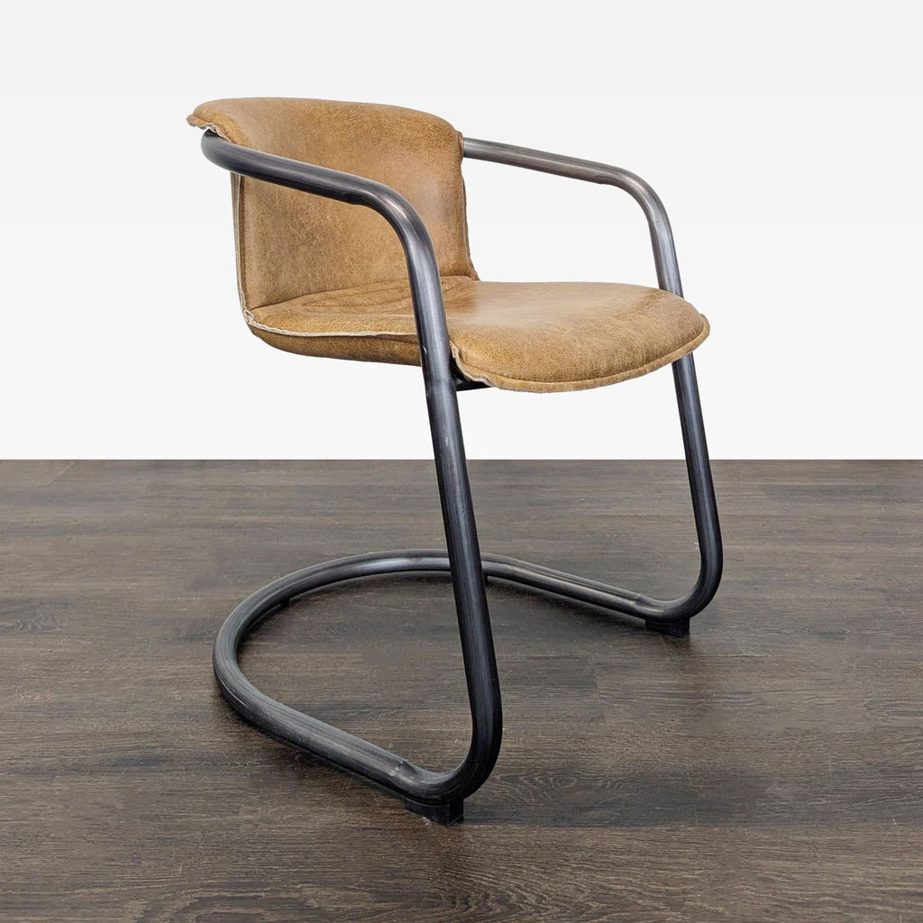 Industrial Style Lounge Chair with Metal Frame and Brown Leather Seat