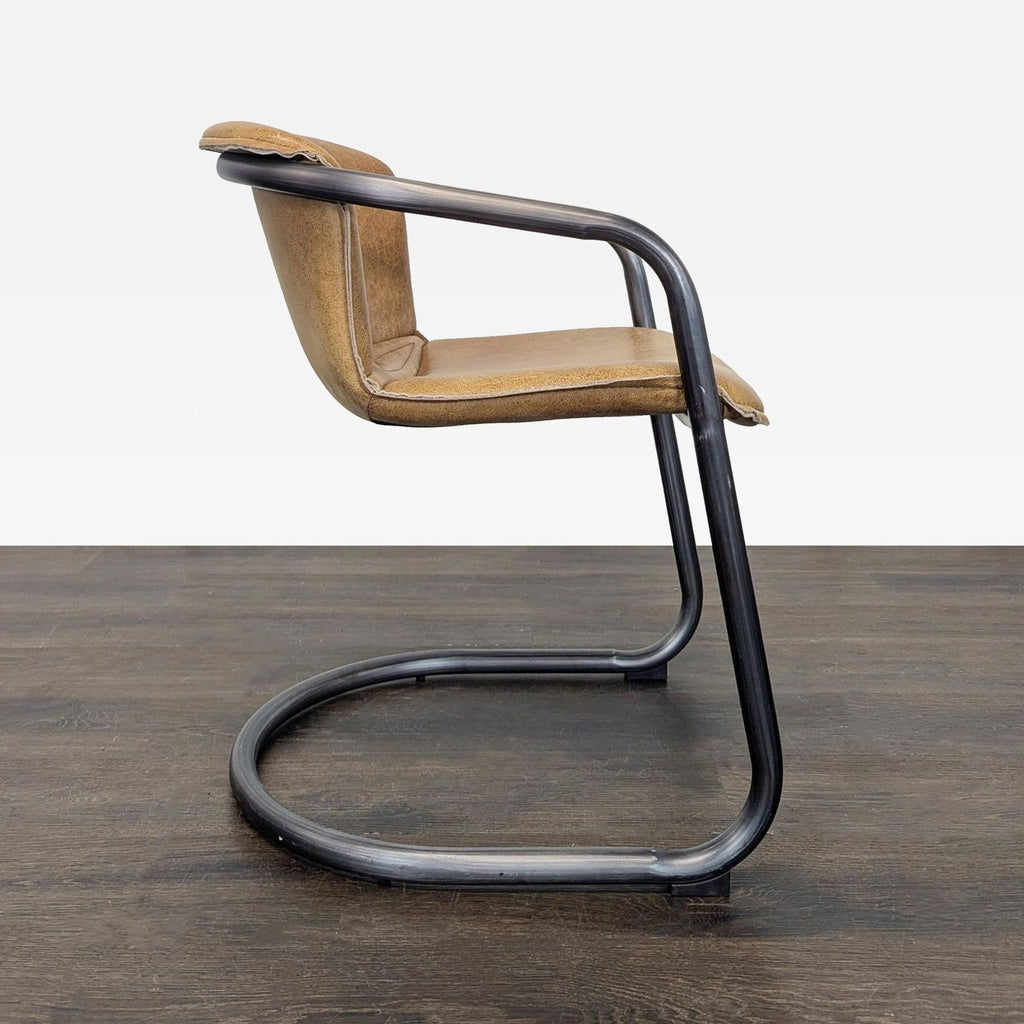 Industrial Style Lounge Chair with Metal Frame and Brown Leather Seat