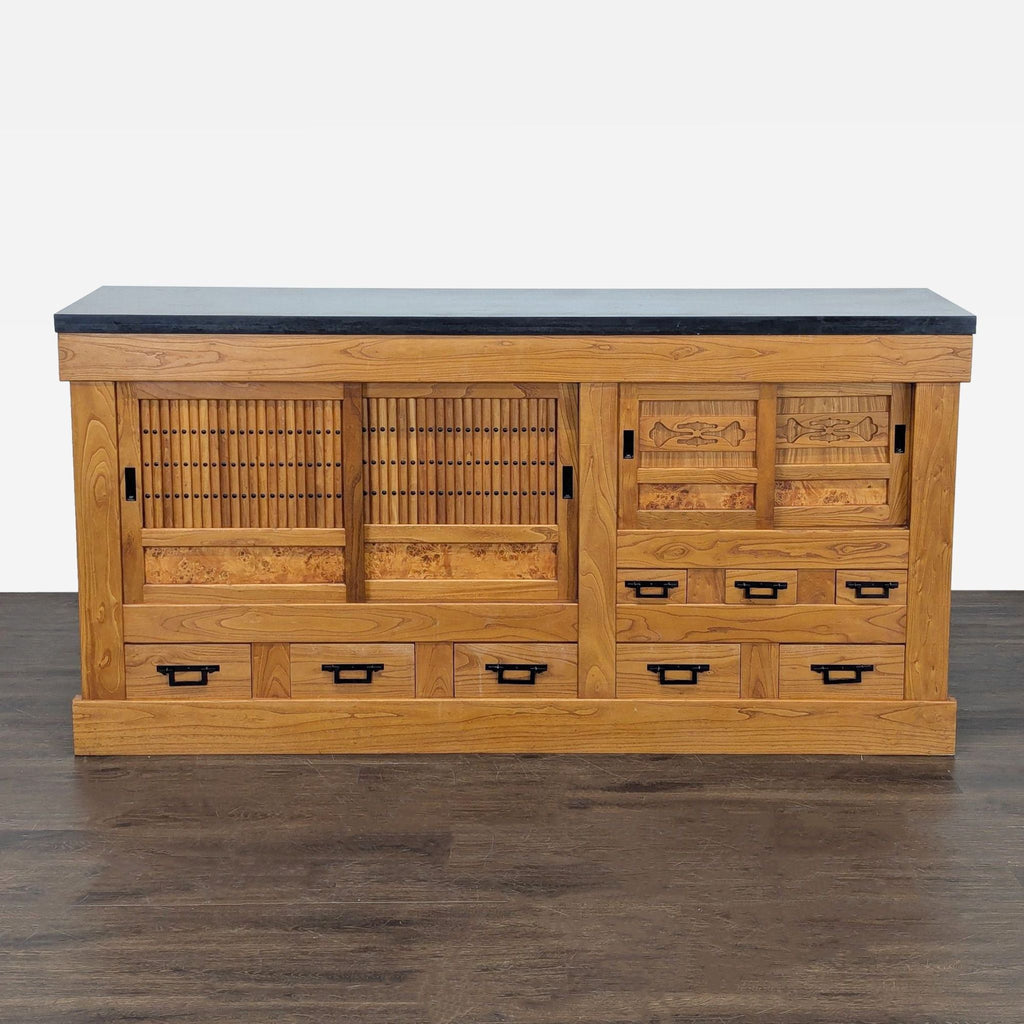 Antique Japanese tansu sideboard with burl-wood panels, kumiko lattice doors, and black iron hardware.