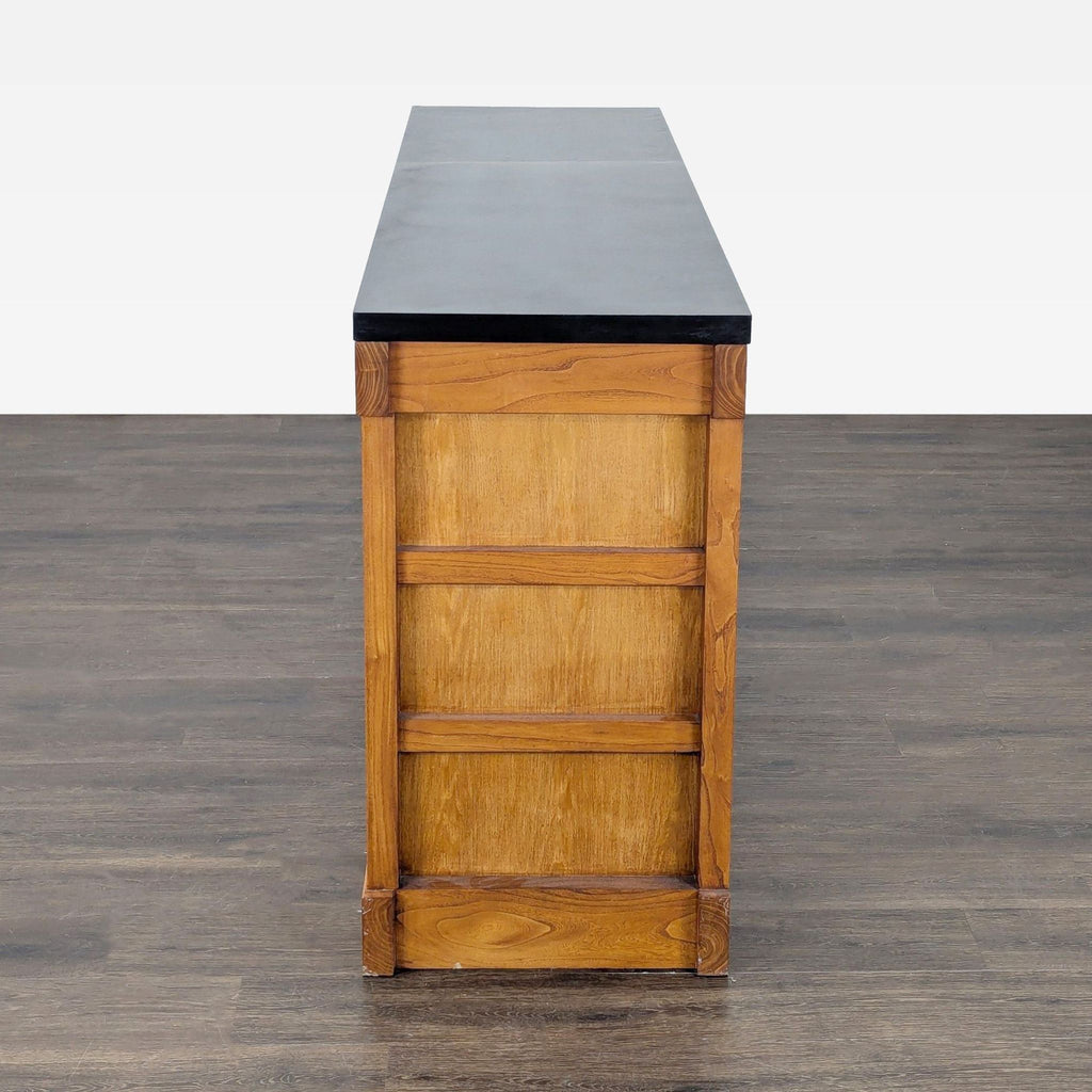 Solid wood credenza featuring carved burl-wood doors, lattice sliding panels, iron pulls, and granite top.