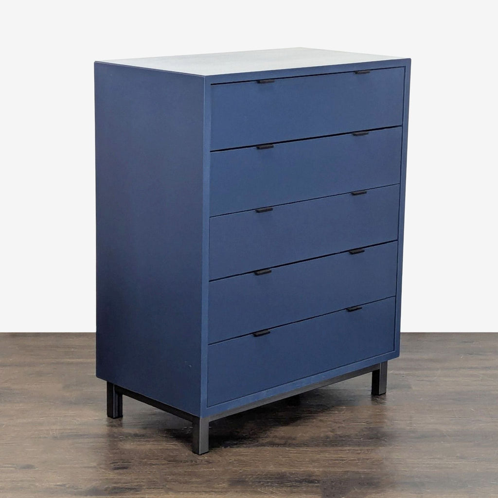 Room & Board blue dresser, featuring clean design, five spacious drawers, and durable build for bedroom use.