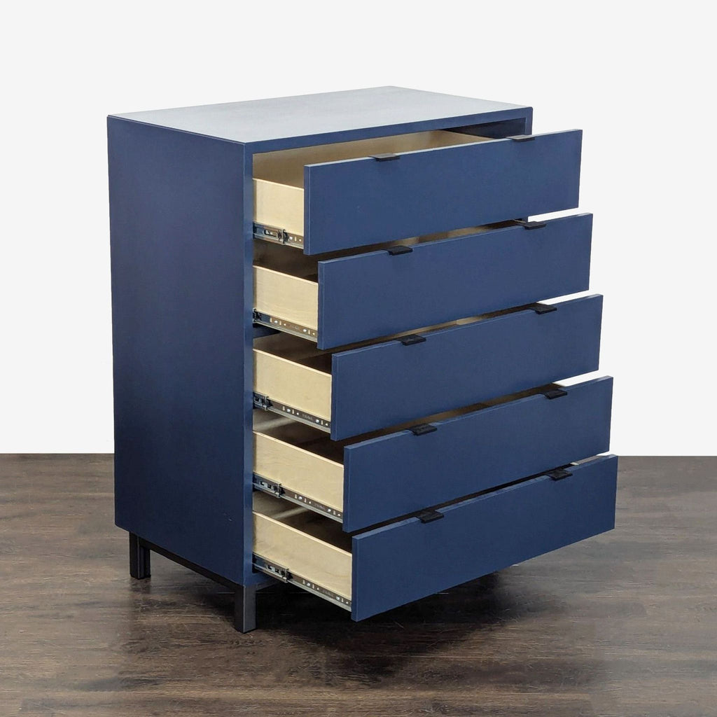 Contemporary dresser by Room & Board in bold blue, offering five large drawers and sturdy construction.