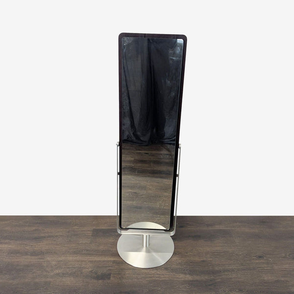 Modern full-length BDI Continuum cheval mirror with swivel base and solid wood frame, easily adjustable.