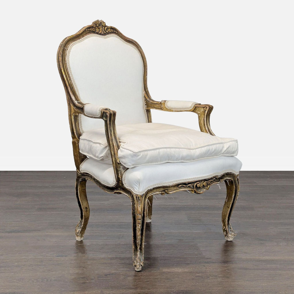 Elegant Vintage Armchair with White Upholstery and Gold Trim