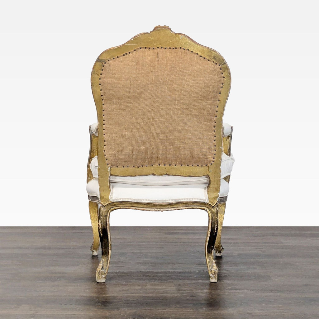 Elegant Vintage Armchair with White Upholstery and Gold Trim