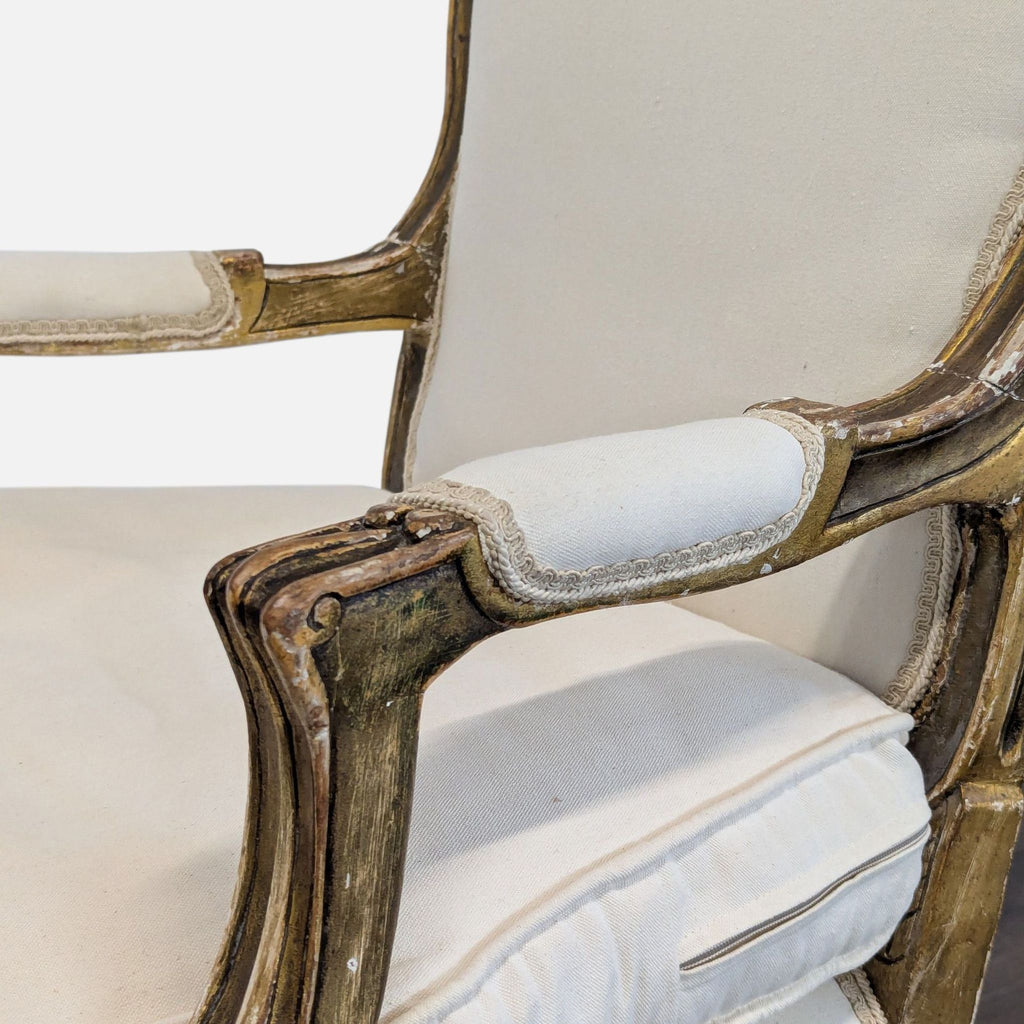Elegant Vintage Armchair with White Upholstery and Gold Trim