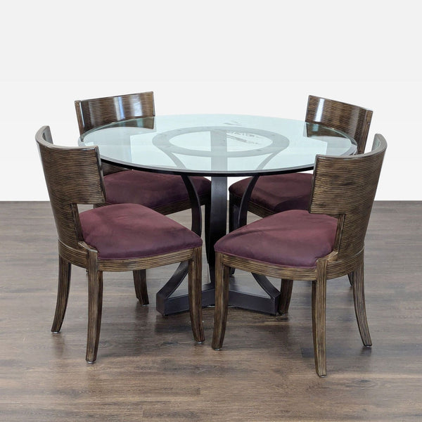 Kreiss dining set with round glass table and four cushioned, burgundy fabric chairs with curved wood backs.