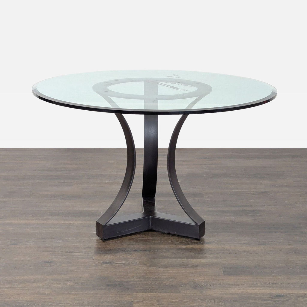 Elegant dining set by Kreiss: glass top table and four matching wood chairs with burgundy upholstered seats.