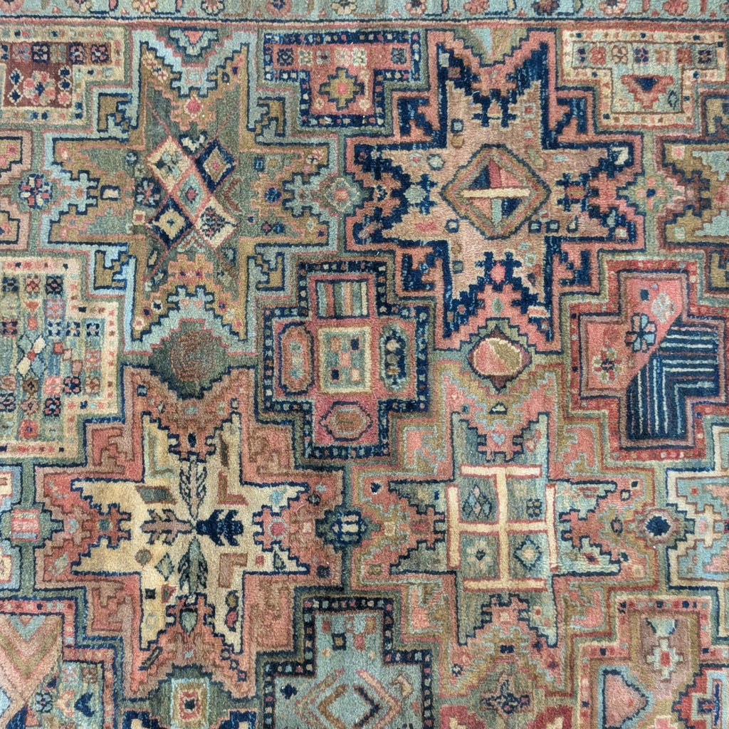 Distressed area rug featuring star patterns in earthy colors, adding a timeless touch to any room.