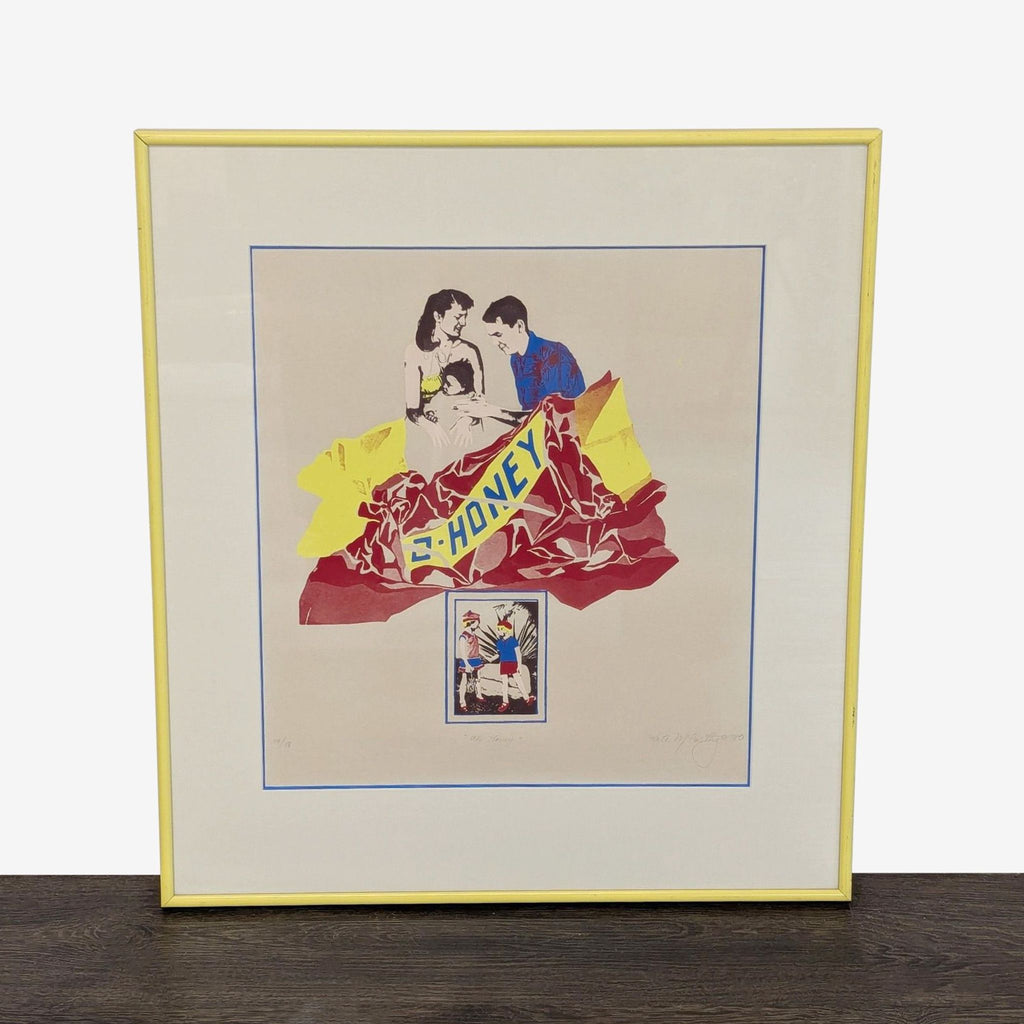 Colorful pop art print titled "Oh Honey" by Kate McCarthy, 1980, in yellow frame with cream mat.  