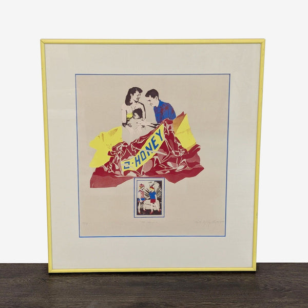 Colorful pop art print titled "Oh Honey" by Kate McCarthy, 1980, in yellow frame with cream mat.  