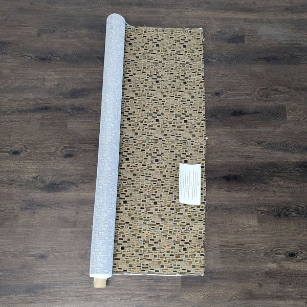 Fabric roll with a modern geometric rectangle pattern in brown, blue, and green on beige, by Gildar Designs.