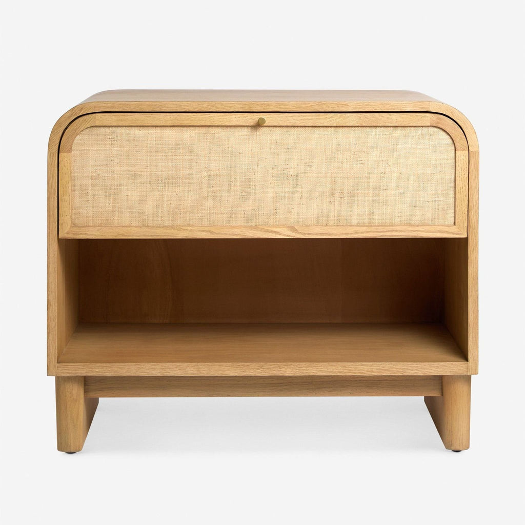 Lulu and Georgia oak end table with grass cloth panels, soft-close drawer, and open shelf.  