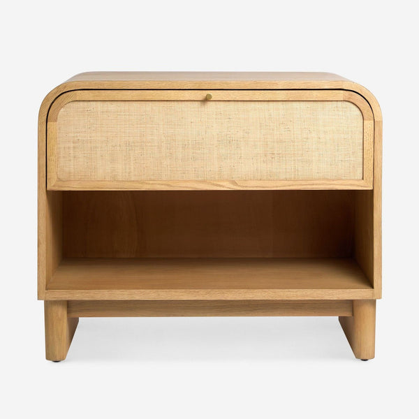 Lulu and Georgia oak end table with grass cloth panels, soft-close drawer, and open shelf.  