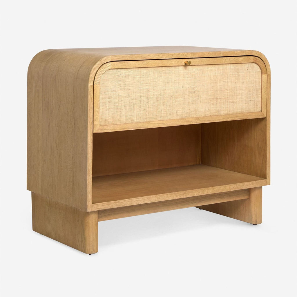 Modern end table with natural grass cloth paneling, single soft-close drawer, and open storage shelf.