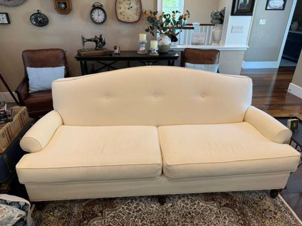 Pair of Thomasville 3-seat couches for sale, both included, shown side by side in living room.