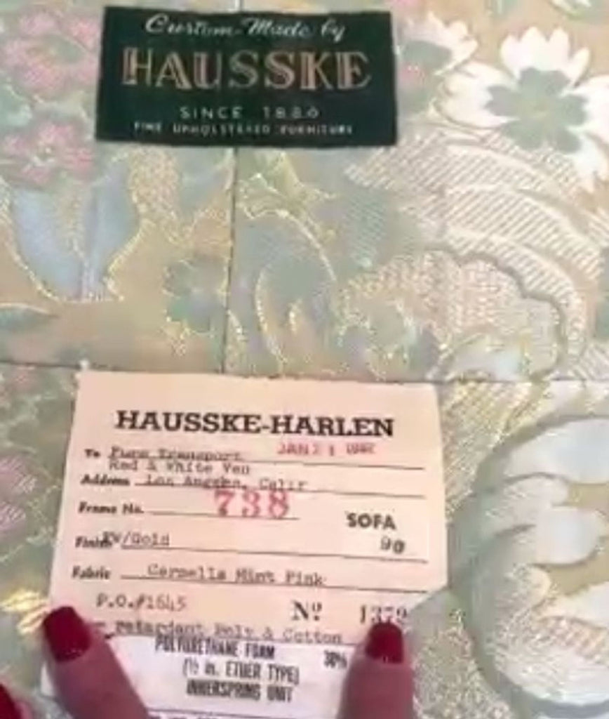 1. Hausske-Harlen 3-seat sofa label with floral upholstery, showing fabric details and serial number close-up.  