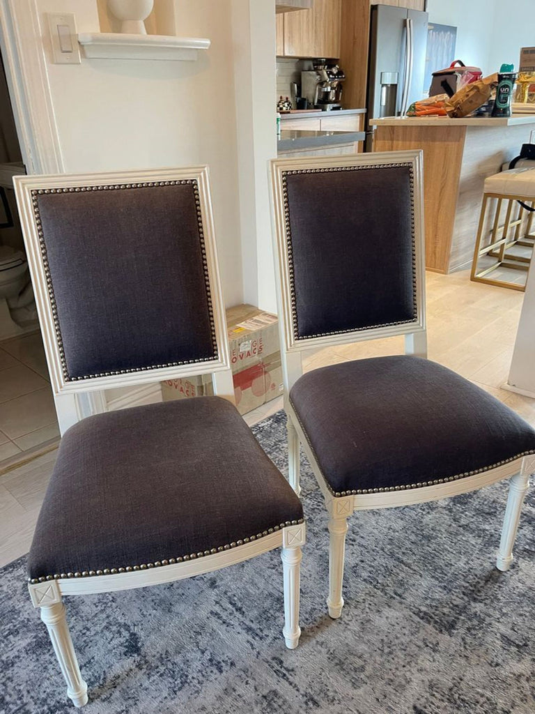 Gray linen white chairs
Back of Jonathan Adler chairs