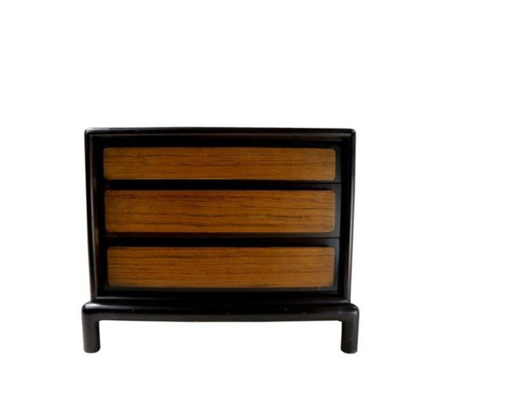 Vintage John Stuart Mount Airy nightstands, three drawer design with contrasting wood and black details, sturdy condition.