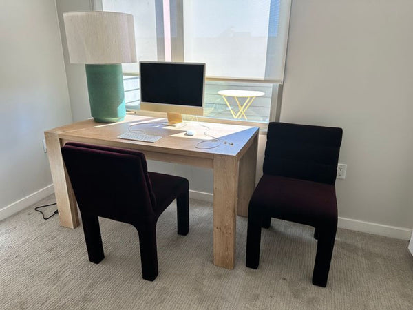 1. Modern Crate and Barrel desk with a new lamp, suitable for home office or study spaces.  