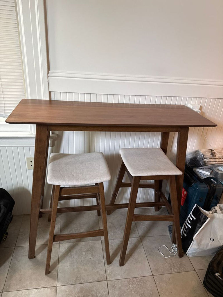 1. Noble House Home dining table set with two padded stools in a compact corner, modern wood finish.