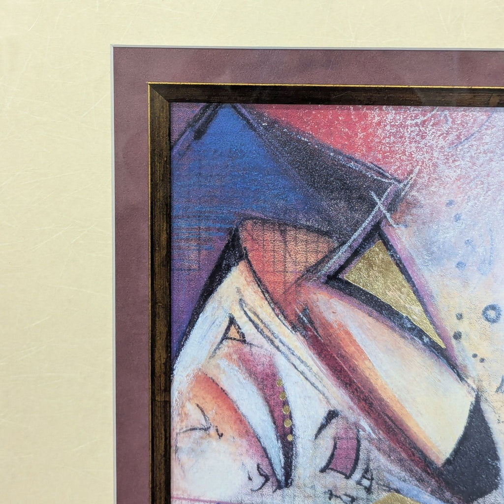 Layered abstract painting with swirling blue, burgundy, blush, black, and gold, framed in dark wood with gold accents.