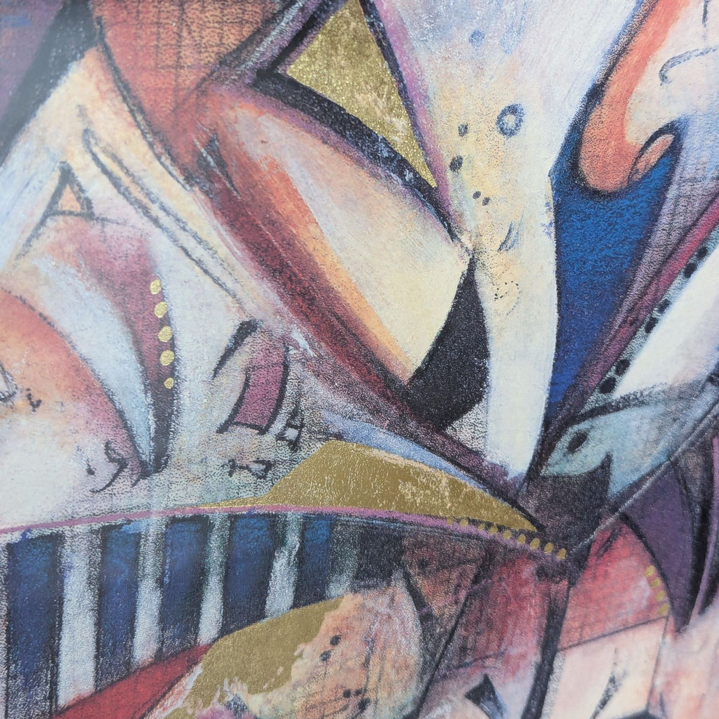 Dynamic abstract drawing in blue, burgundy, blush, black, and gold, displayed in a matted, gilt-accented wooden frame.
