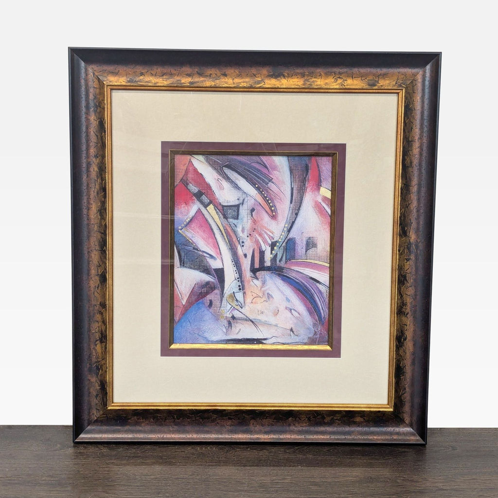 Framed abstract drawing by Daniel Kime with geometric shapes in burgundy, blue, blush, cream, and gold accents.  