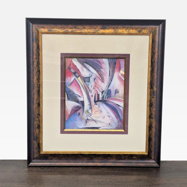 Framed abstract drawing by Daniel Kime with geometric shapes in burgundy, blue, blush, cream, and gold accents.  