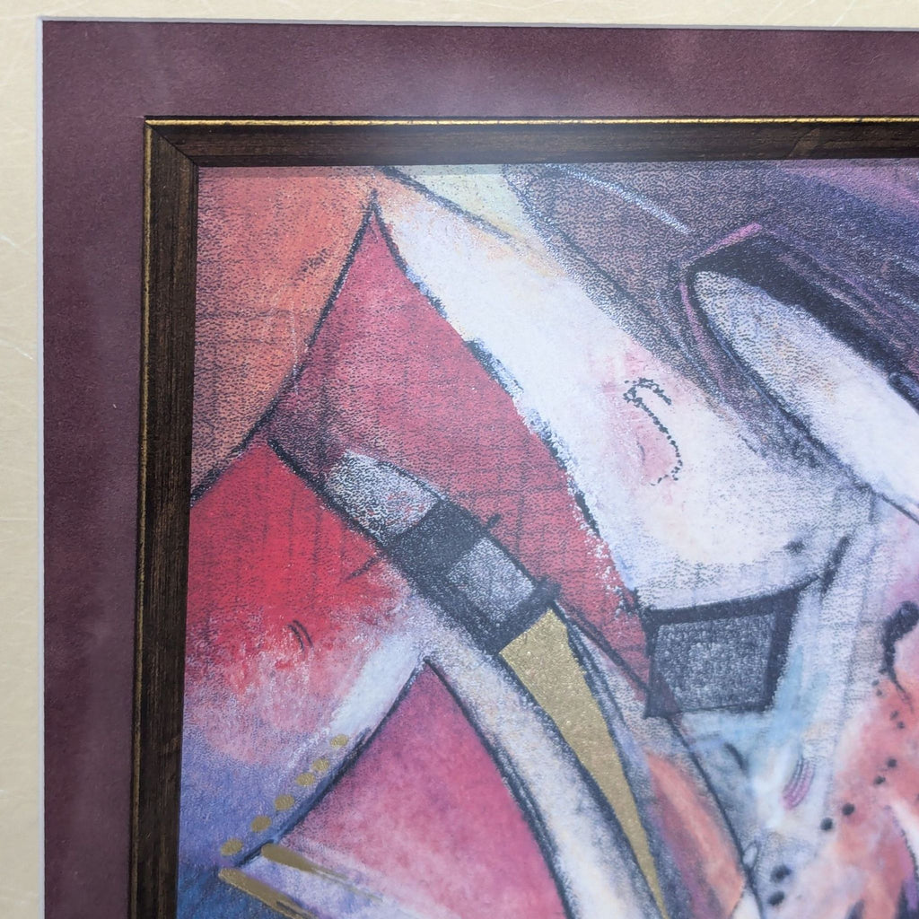 Contemporary artwork by Daniel Kime, featuring bold geometric forms and metallic gold details in a dark gilt frame.  