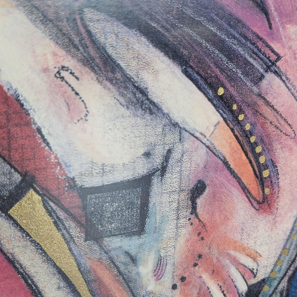 Modern abstract painting in rich colors and metallics, professionally matted and framed with warm gilded trim.