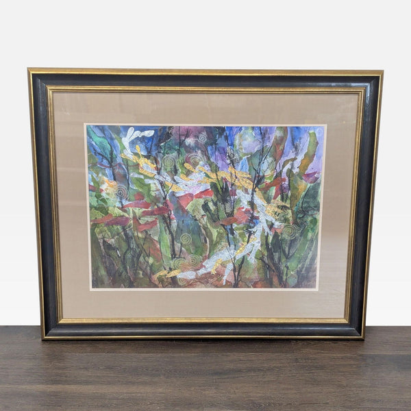 Abstract watercolor painting by Kay Duffy, featuring bold colors and dynamic textures, professionally framed.