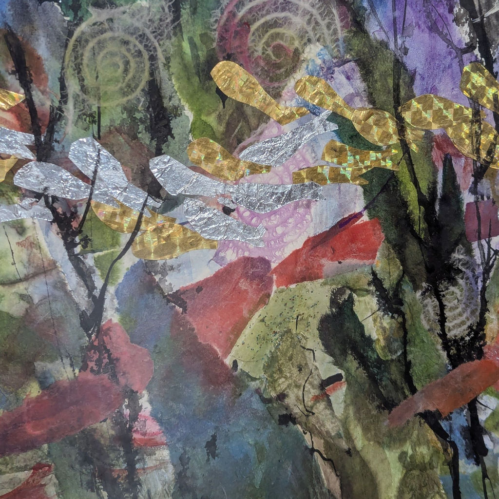 Modern drawing and painting piece showcasing lively abstract patterns by Kay Duffy, framed for display.