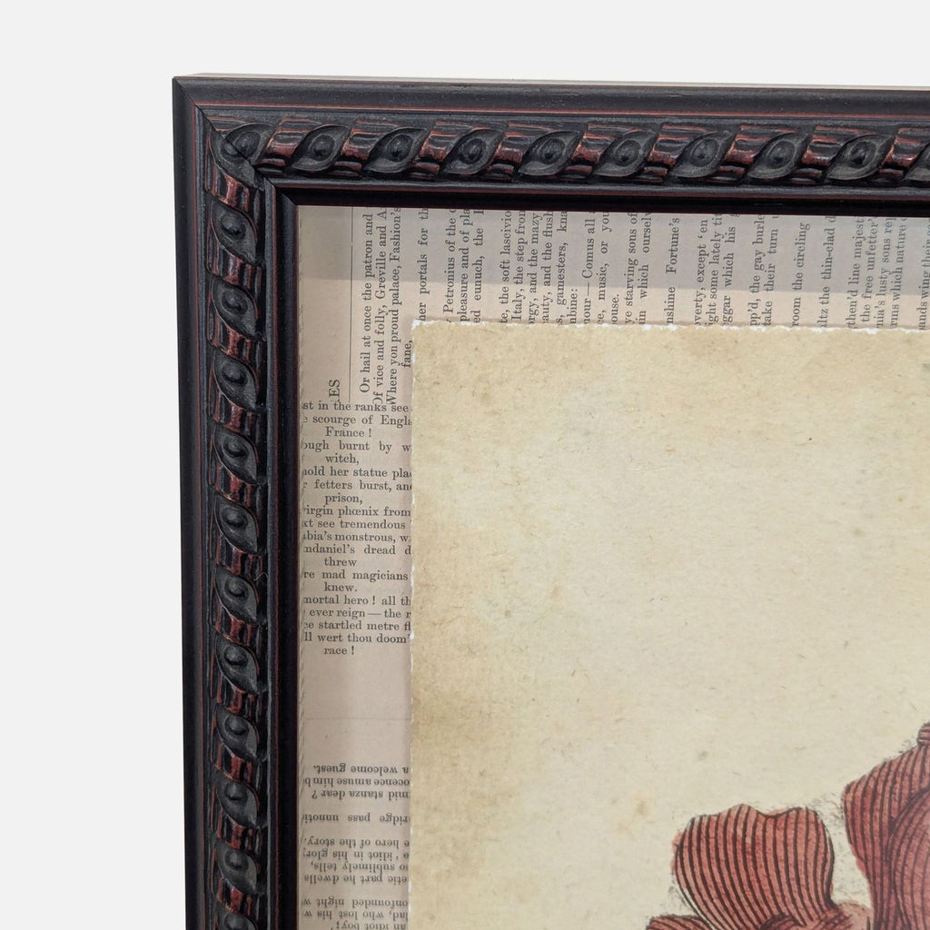 Detailed red coral print with collage-style vintage book page border, displayed in a carved wooden frame.