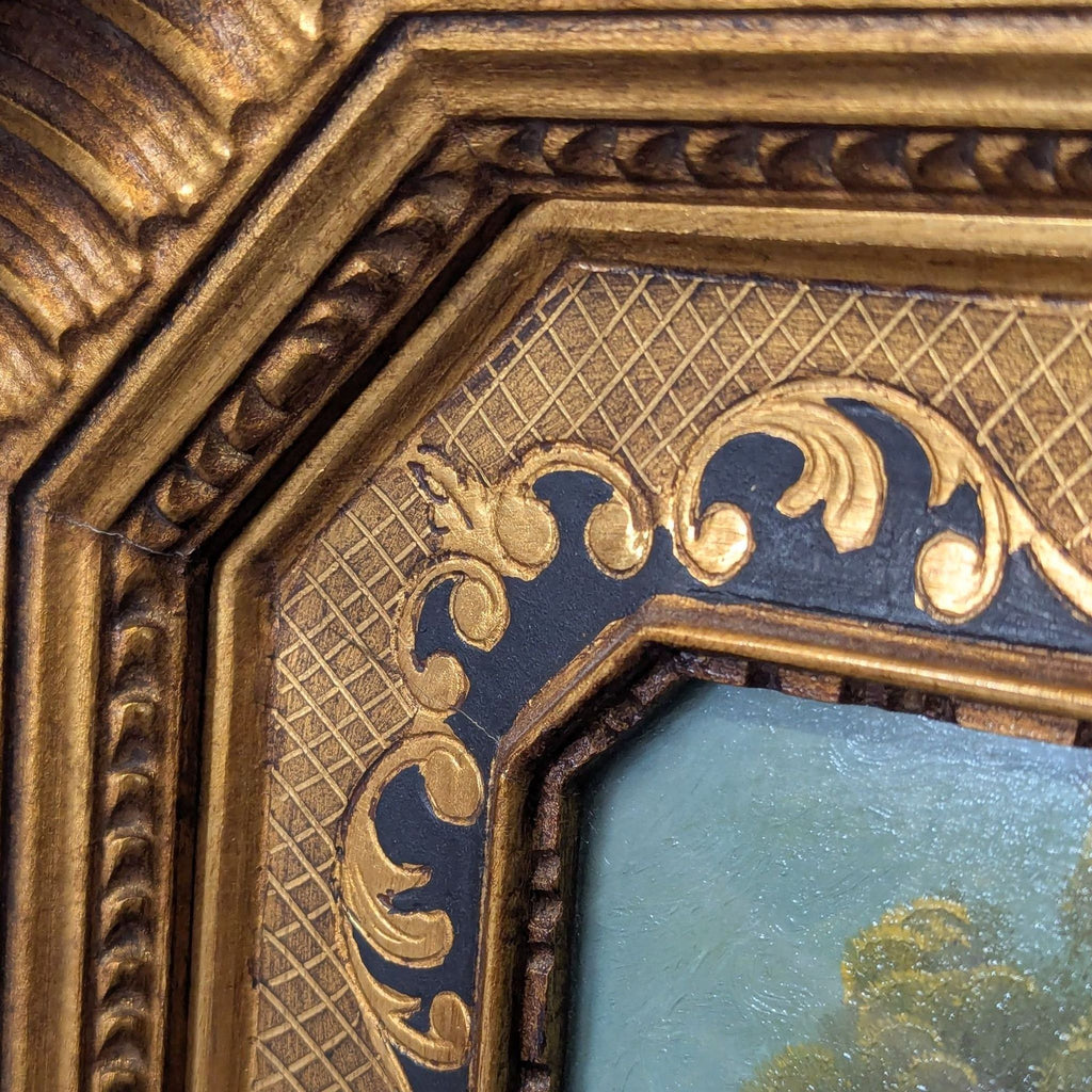 Vintage countryside paintings in decorative frames, displaying trees, water, and calm outdoor scenes.