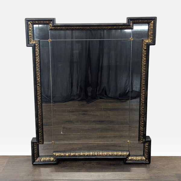 Rectangular Ethan Allen mirror with a hand-carved black and gold frame and corner rosettes, featuring antique mirrors.