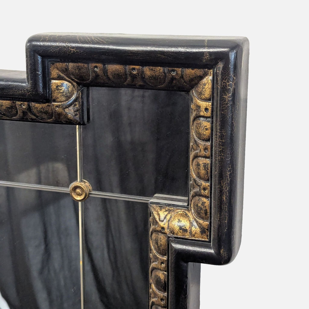 Artisan-crafted Ethan Allen mirror featuring a hand-finished black frame, antique border mirrors, and metallic corner accents.