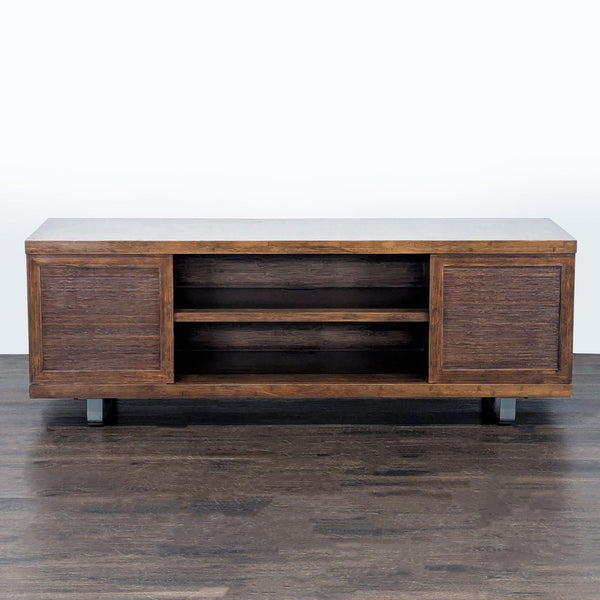 1. Crate and Barrel wooden entertainment center with sliding doors and central open shelving, front view.  