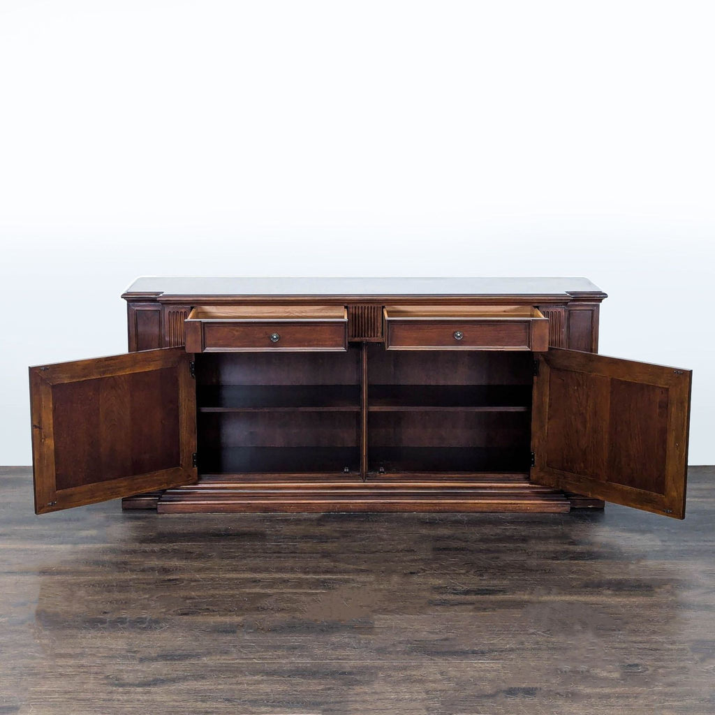 Classic Ethan Allen wood sideboard with multiple shelves, spacious drawers, and cabinet doors for organized storage.