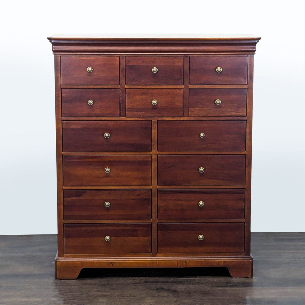 Stanley Furniture cherry dresser with 14 drawers, solid wood build, and classic style for ample bedroom storage.