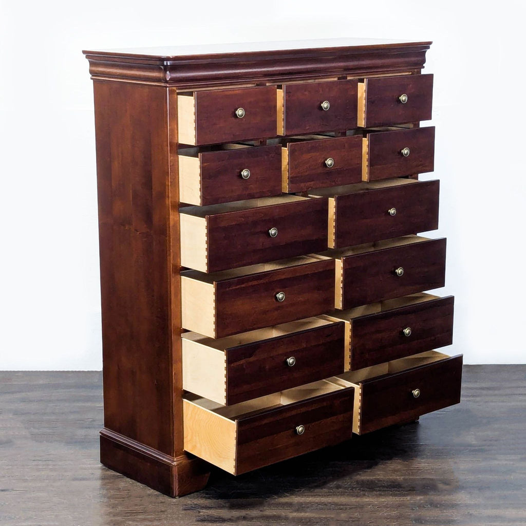 Classic cherry-finished Stanley dresser, featuring 14 spacious drawers and sturdy wood construction for organizing clothes.