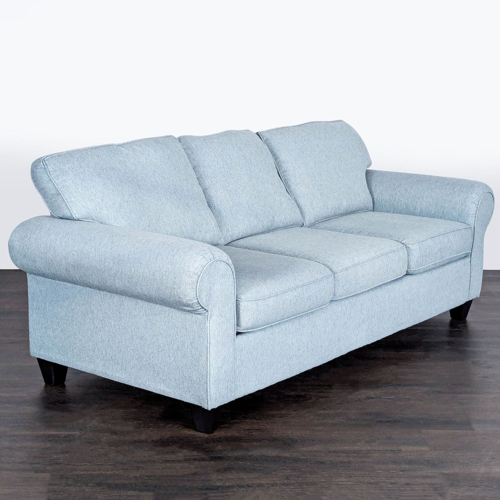 1. Modern 3-seat sofa by Minhas Furniture House, upholstered in a neutral fabric with slim armrests.