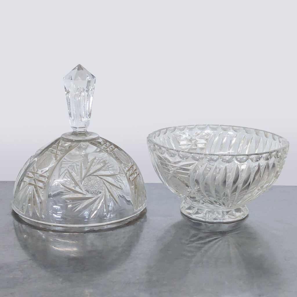 Decorative glassware bowl with matching lid and intricate cut designs, perfect for candy or as a centerpiece.
