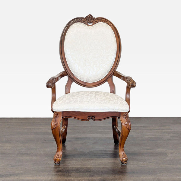 Carved Damask Upholstered Dining Armchair