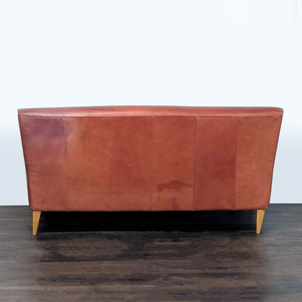 Mid-Century Modern Style Brown Leather Loveseat with Wooden Legs